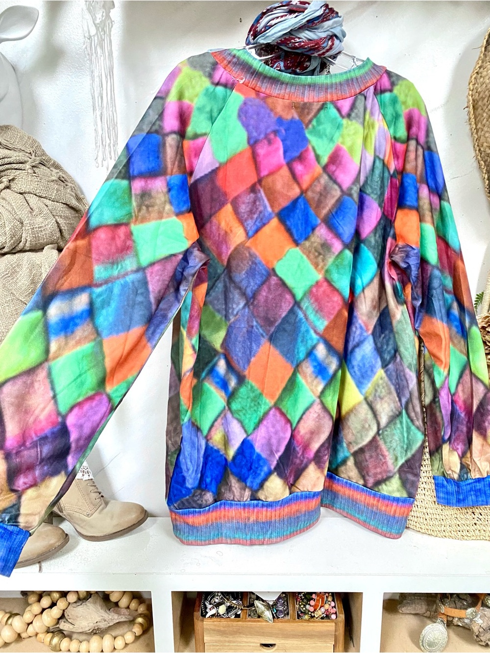 BNWOT Diamond multicoloured print summer boho sweater/dress w cottagecore vibe - Picture 14 of 14